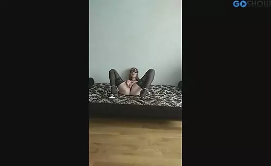 Girl Tempts in Black Stockings and Sandals During Solo Pleasure