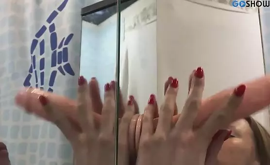 Big Dong Sucks Under The Shower Wet Oral Fun with Fake Cock